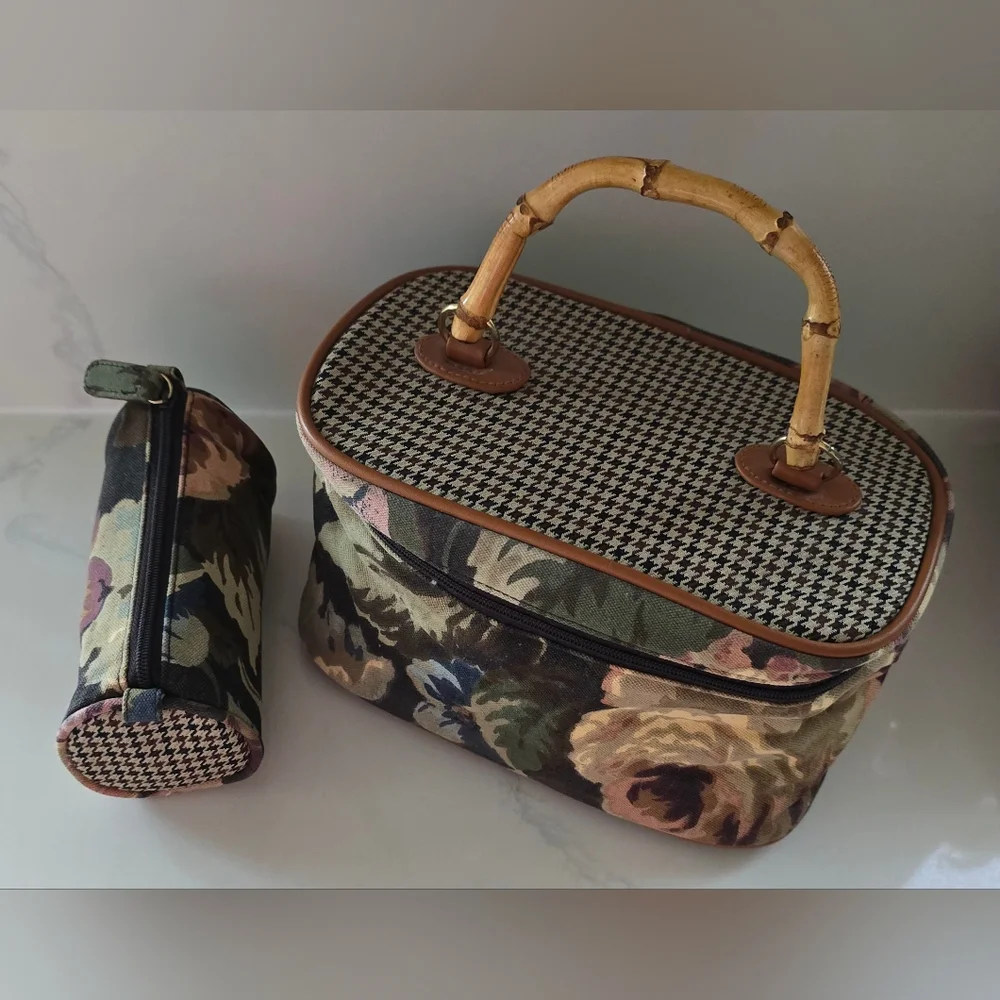 Vtg Avon Autumn Rose Floral‎ Houndstooth Canvas Bamboo Makeup Bag Accessory Set